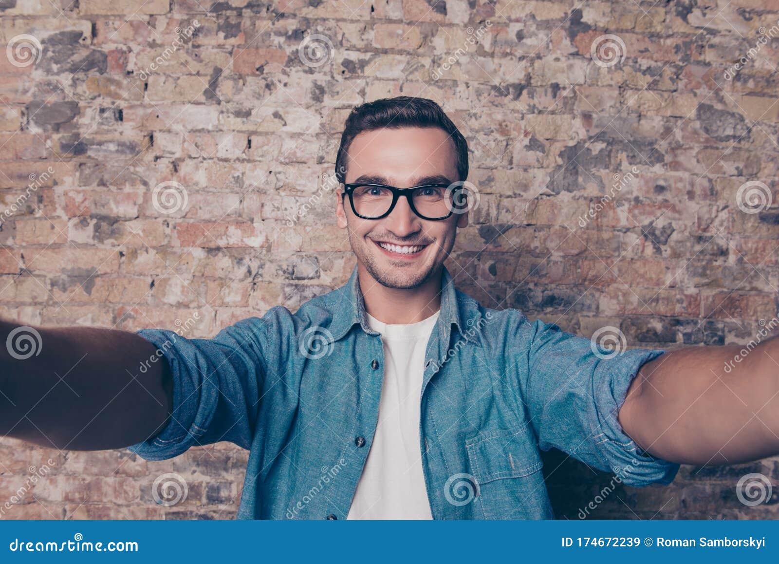 Handsome Cheerful Smiling Man in Glasses Making Selfie Stock Image ...