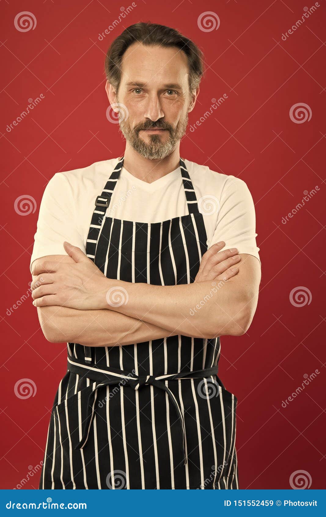 Handsome And Confident Mature Person In Cooking Apron Bearded Mature Man In Striped Apron 