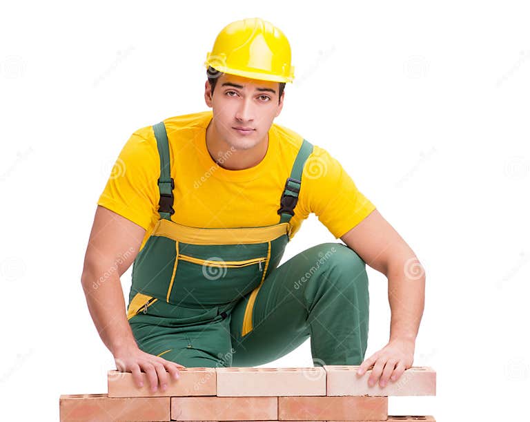 The Handsome Construction Worker Building Brick Wall Stock Image