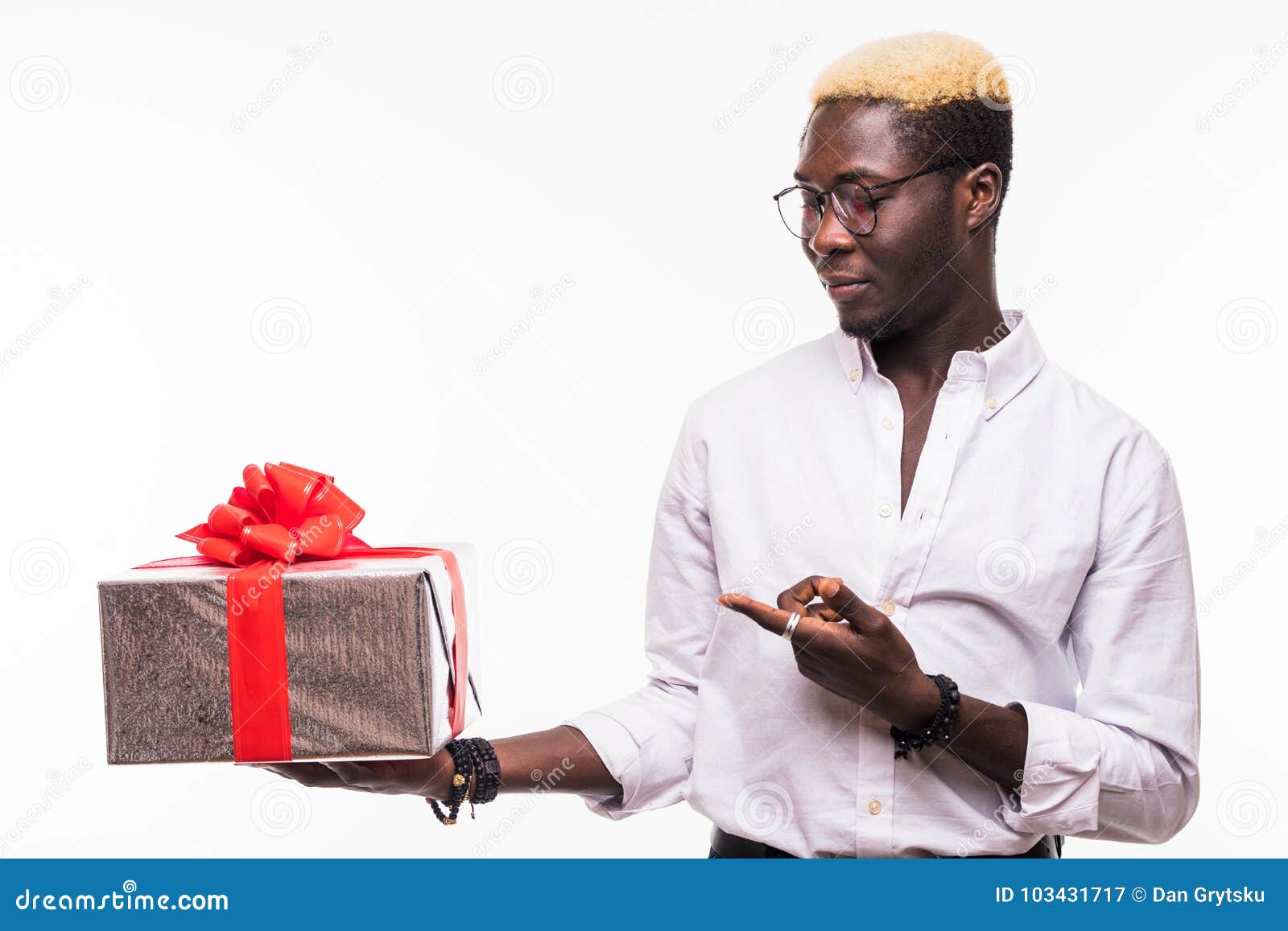 Handsome Cool Black Man With A Gift Pointed On With Finger On White ...