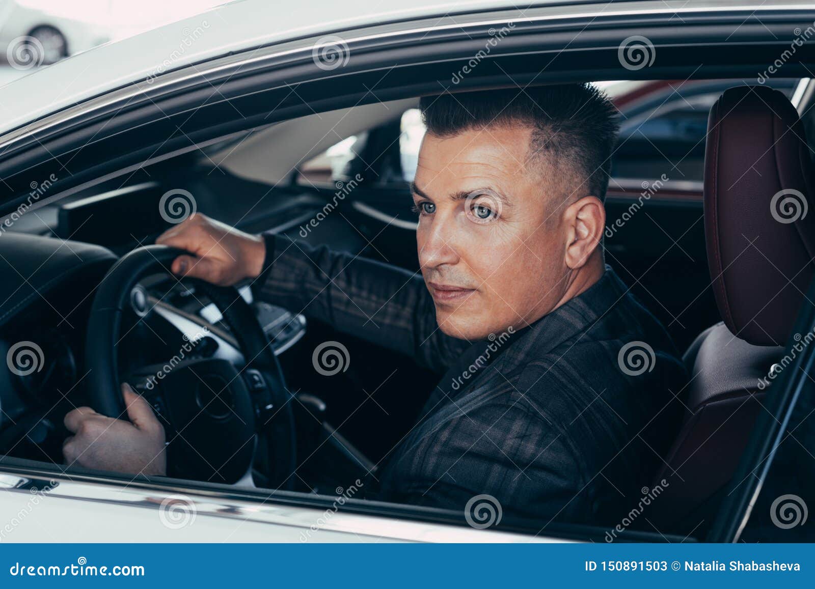 Handsome Elegant Serious Man Drives a White Modern Car Stock Image ...