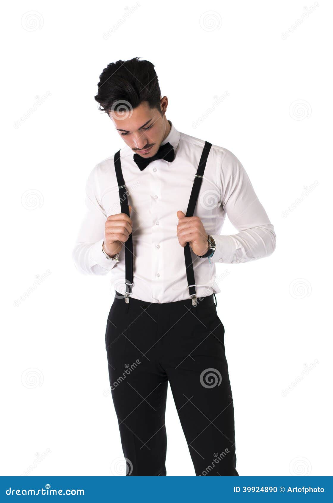 Handsome Elegant Young Man With Suit, Bow-tie And Moustache Stock Photo ...