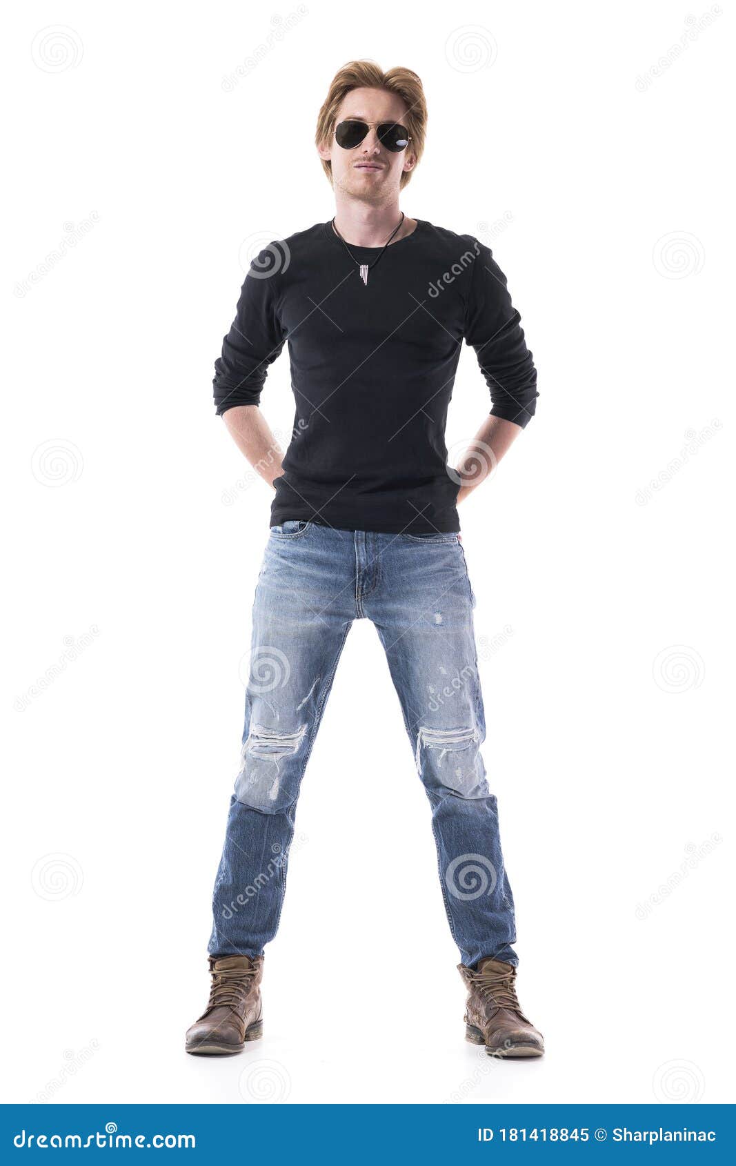Handsome Ginger Young Stylish Man in Blank Black Shirt and Ripped Jeans ...
