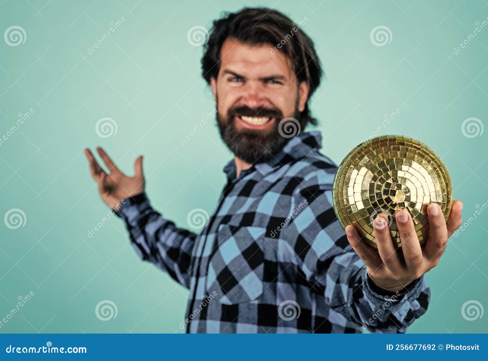 Handsome Guy Hipster with Moustache and Beard Hold Disco Ball, Dance