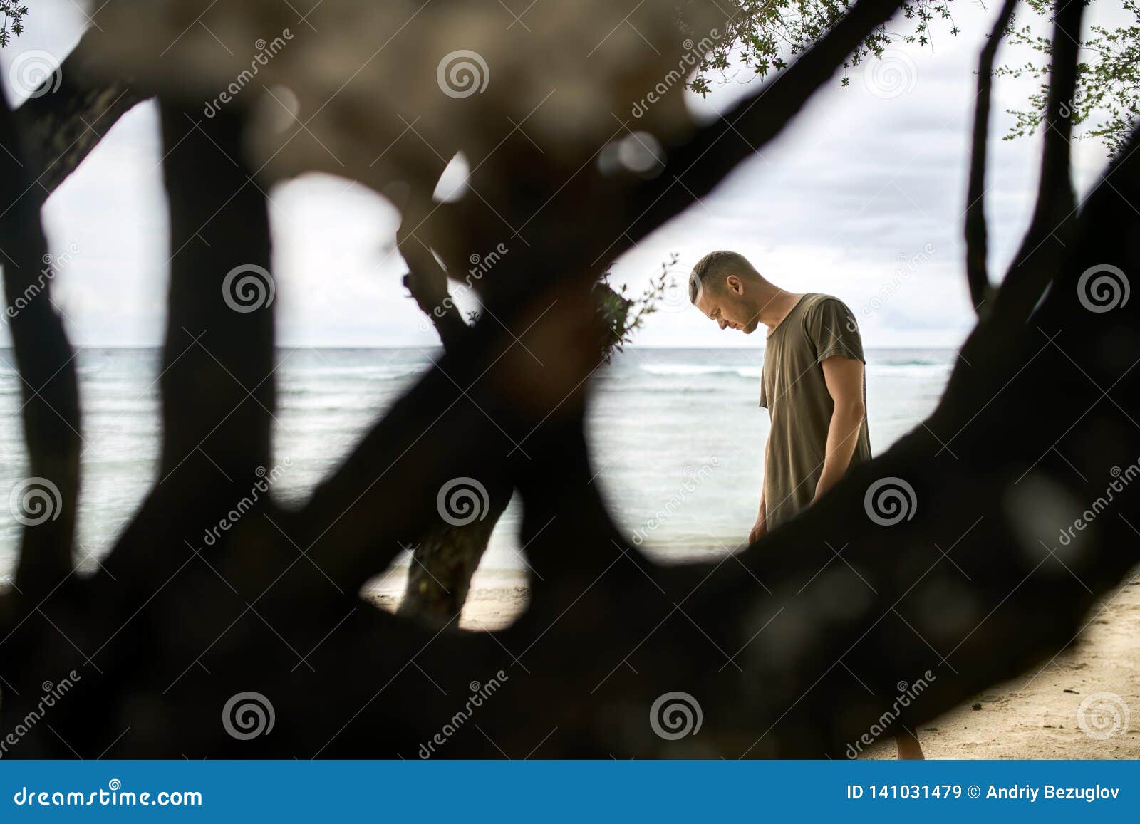 Handsome Guy Stands On Tropical Sand Beach Stock Image Image Of