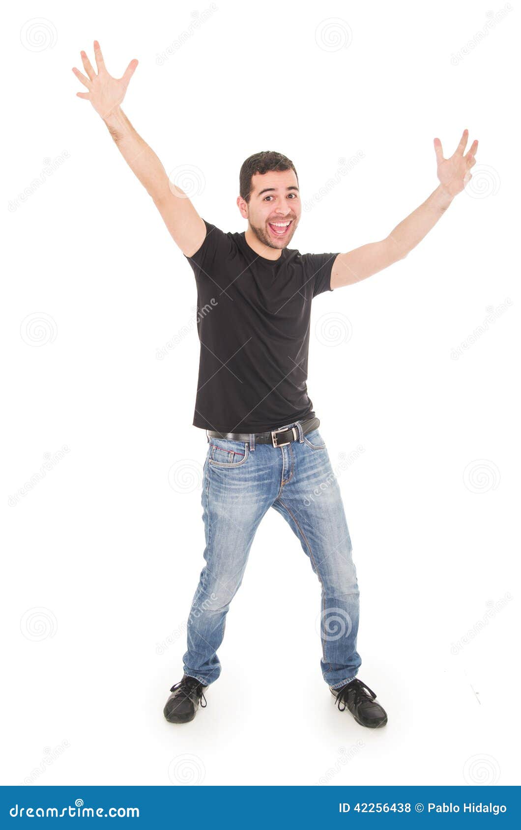 Handsome Happy Guy Posing with Arms Up Stock Photo Image of casual