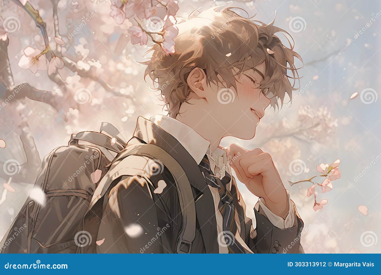 Handsome Happy Smiling Anime Guy in School Uniform Under Cherry Sakura