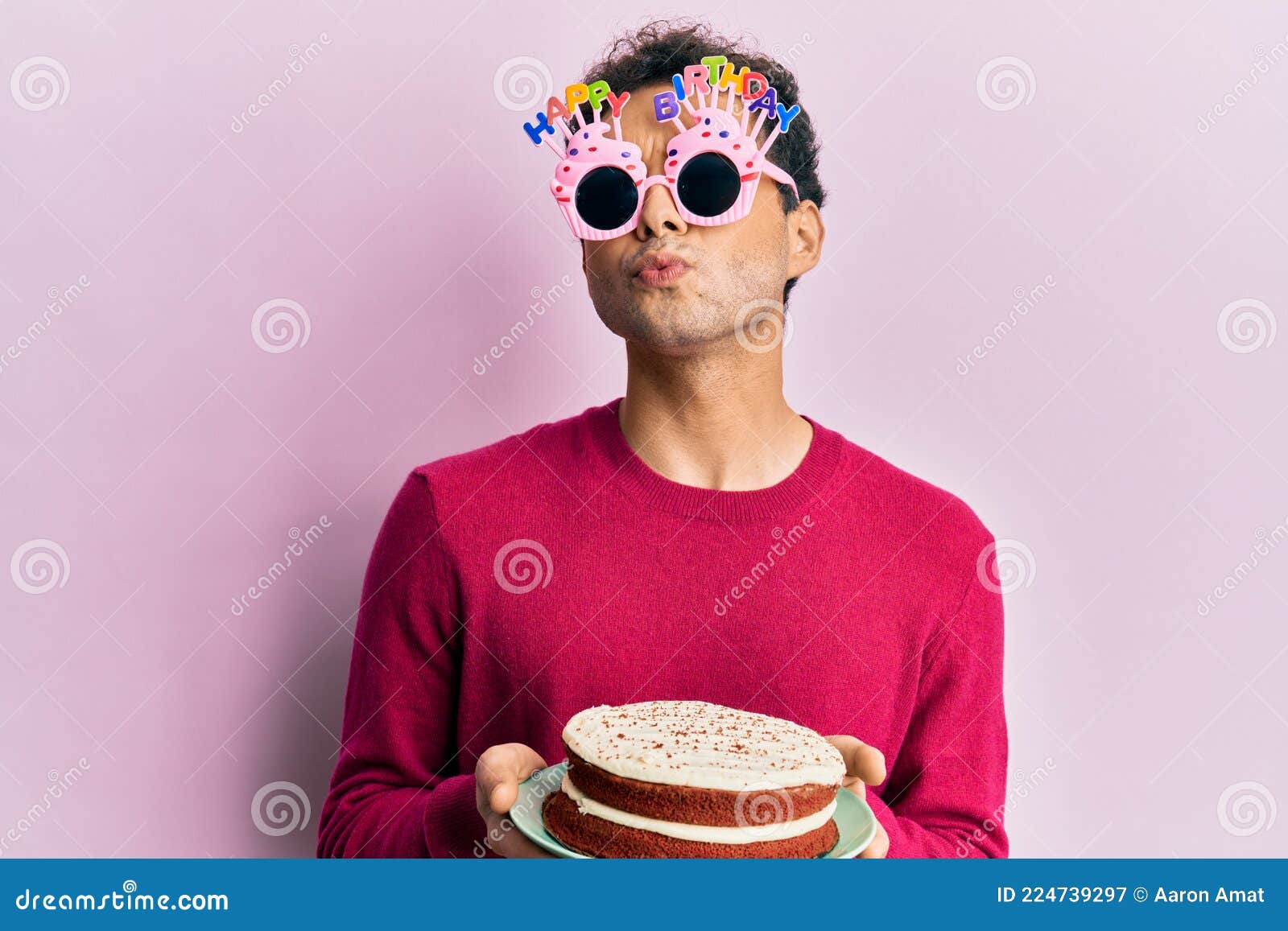 Handsome Hispanic Man Wearing Funny Happy Birthday Glasses Holding Cake  Looking at the Camera Blowing a Kiss Being Lovely and Stock Image - Image  of background, adorable: 224739297