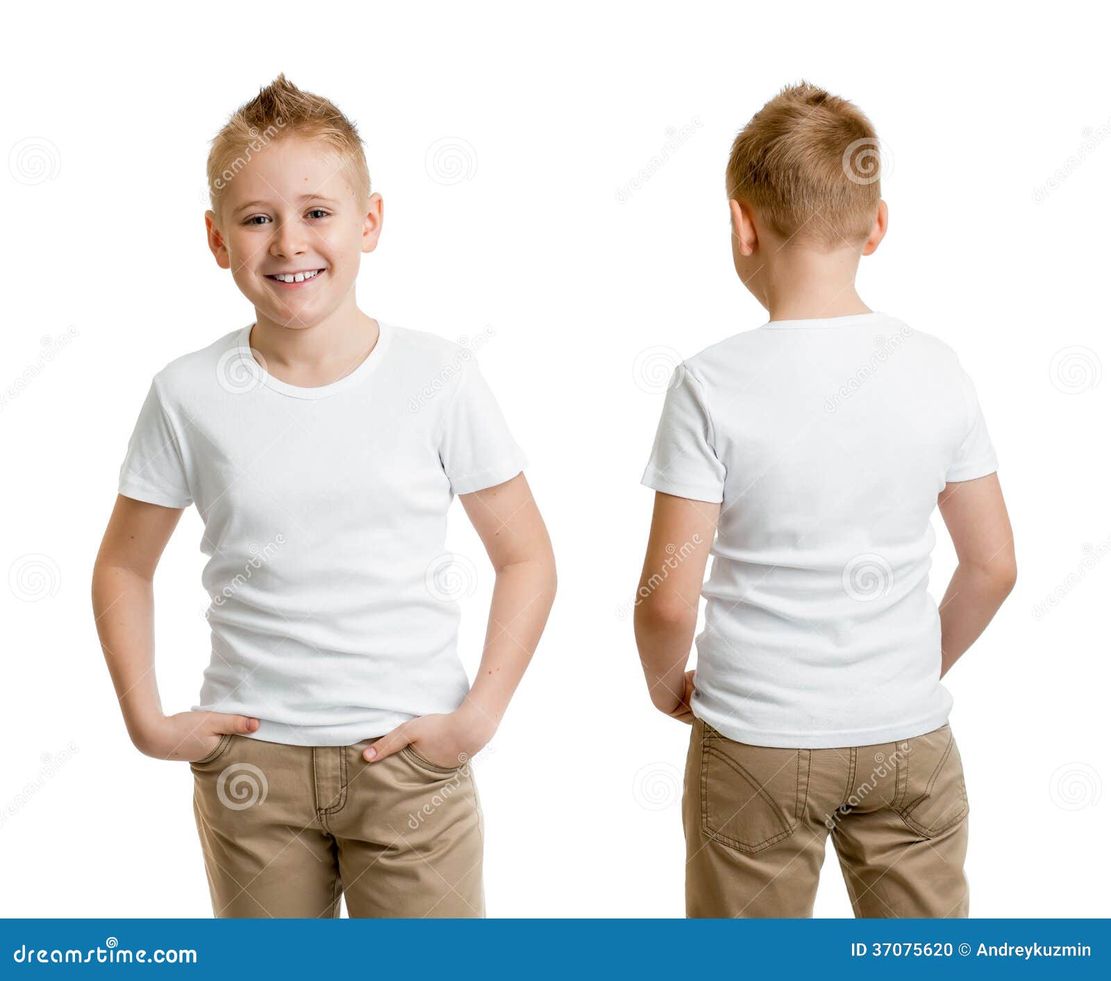 handsome kid boy model in white t-shirt or tshirt back and front