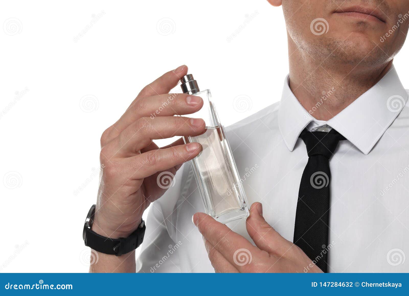 Handsome Man Applying Perfume on Neck Against White Background Stock ...