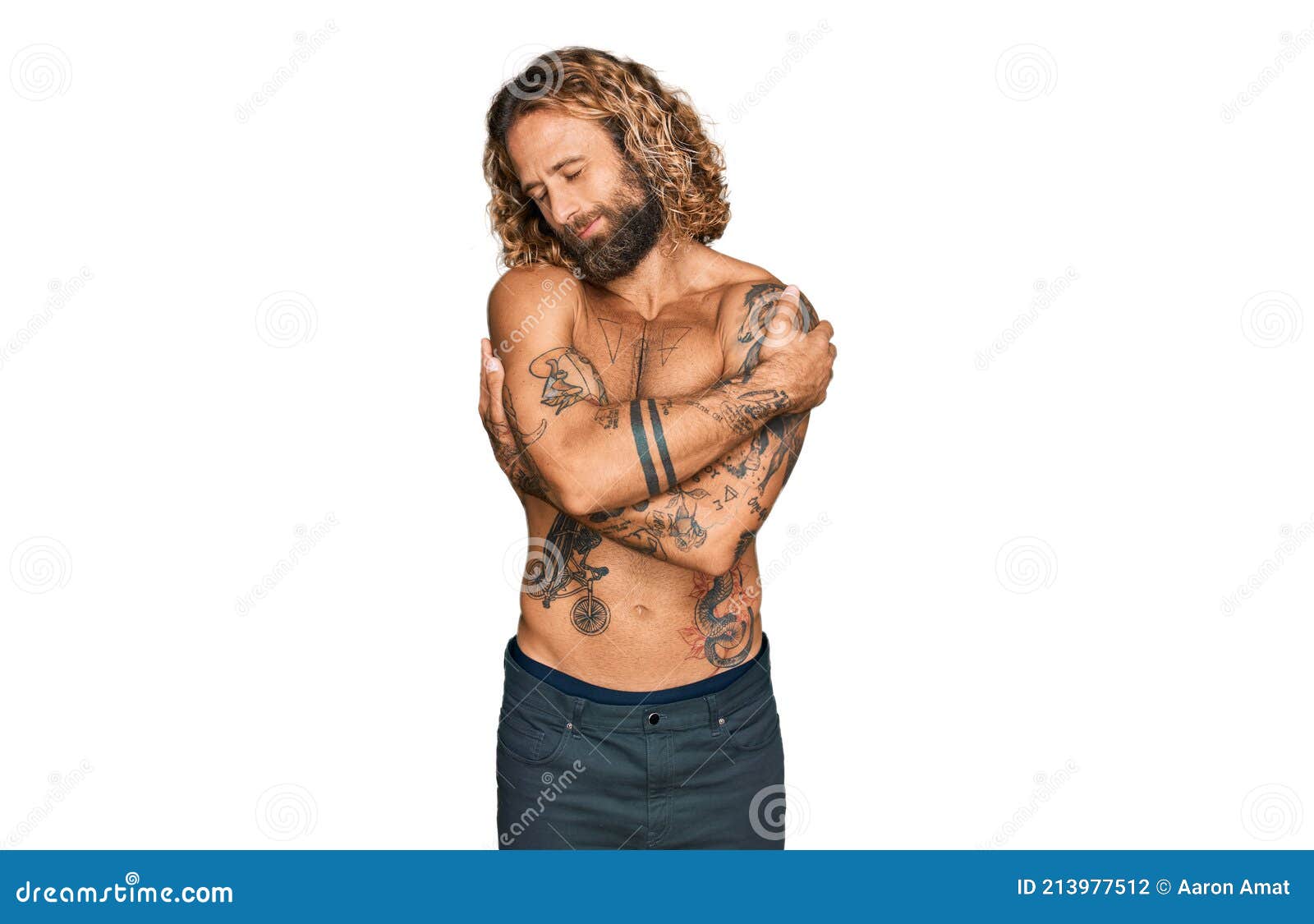 Handsome Man with Beard and Long Hair Standing Shirtless Showing Tattoos  Hugging Oneself Happy and Positive, Smiling Confident Stock Photo - Image  of beard, muscle: 213977512