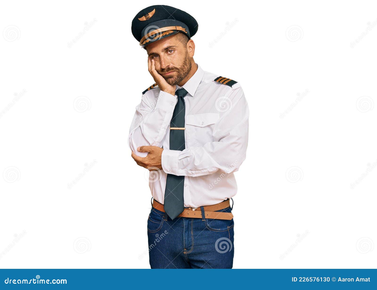 Handsome Man with Beard Wearing Airplane Pilot Uniform Thinking Looking ...