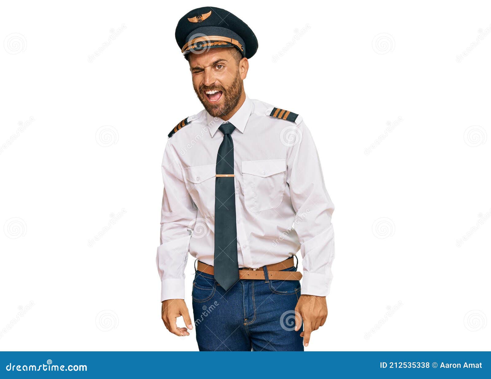 Handsome Man with Beard Wearing Airplane Pilot Uniform Winking Looking ...