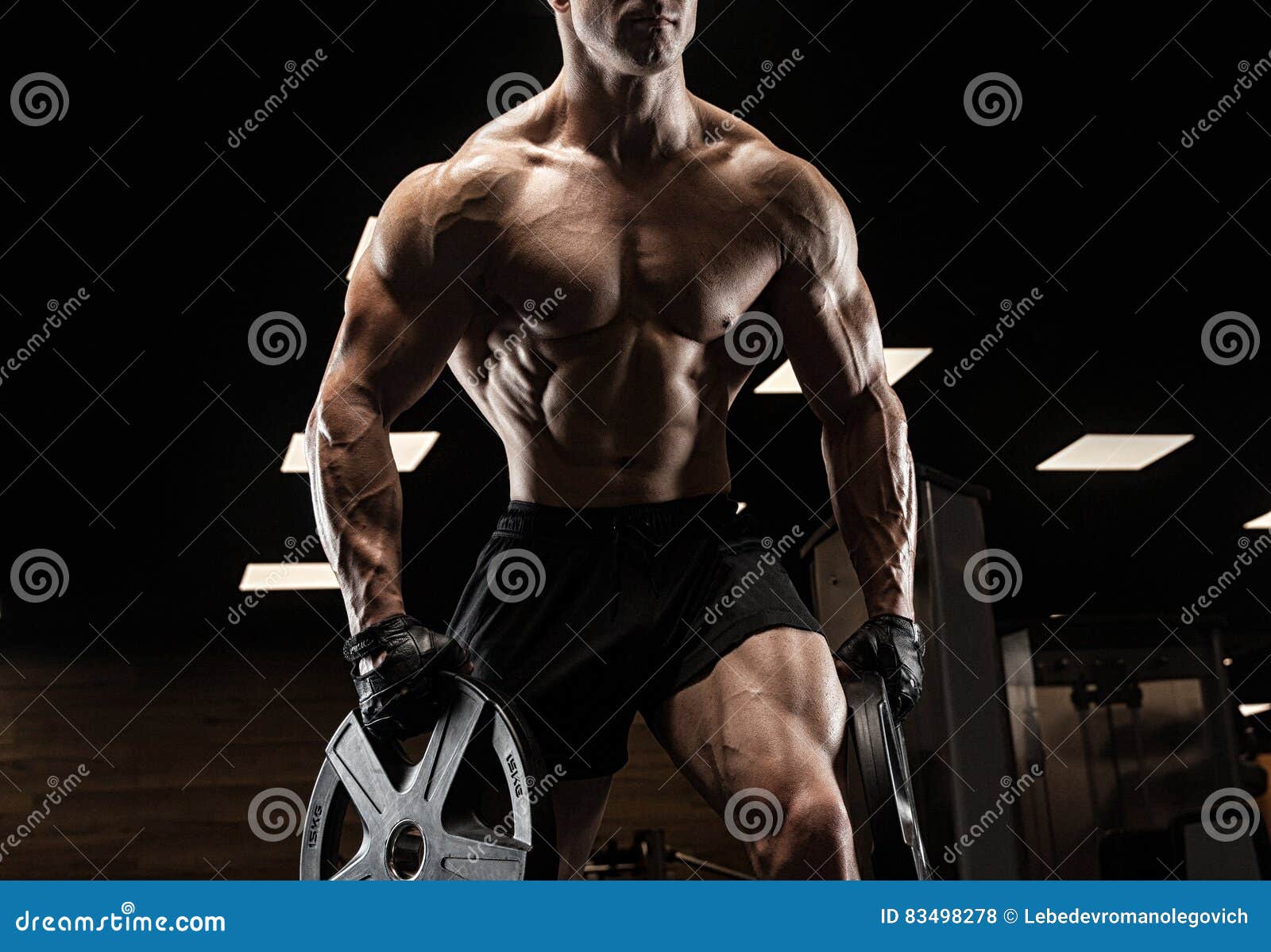 Handsome Man with Big Muscles, Posing at the Camera in the Gym Stock