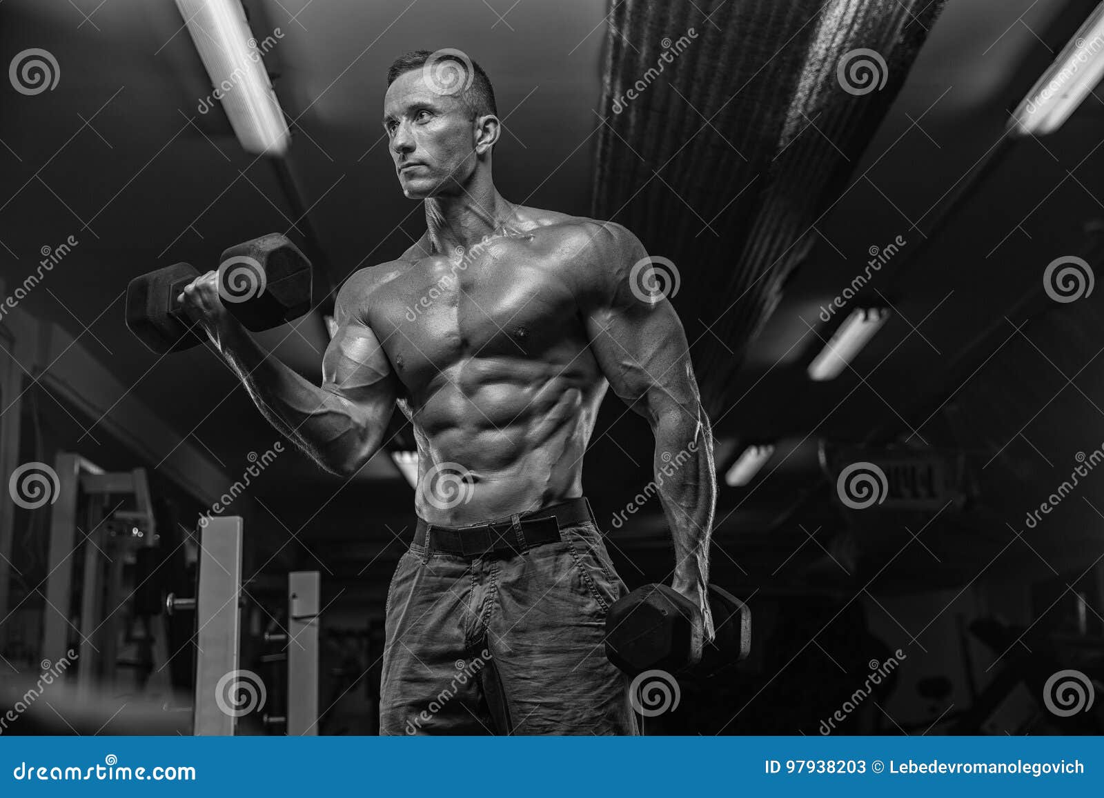 Handsome Man with Big Muscles, Posing at the Camera in the Gym Stock
