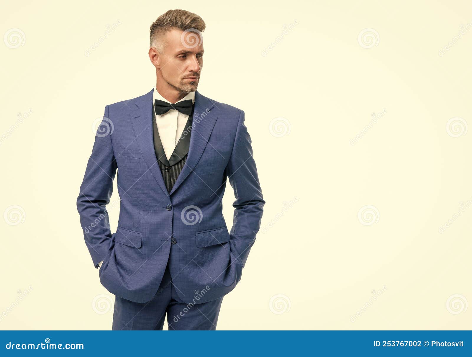 Alargar haga turismo promoción Handsome Man in Bow Tie Blue Suit. Leader in Tux Formal Wear. Copy Space.  Stock Photo - Image of handsome, isolated: 253767002