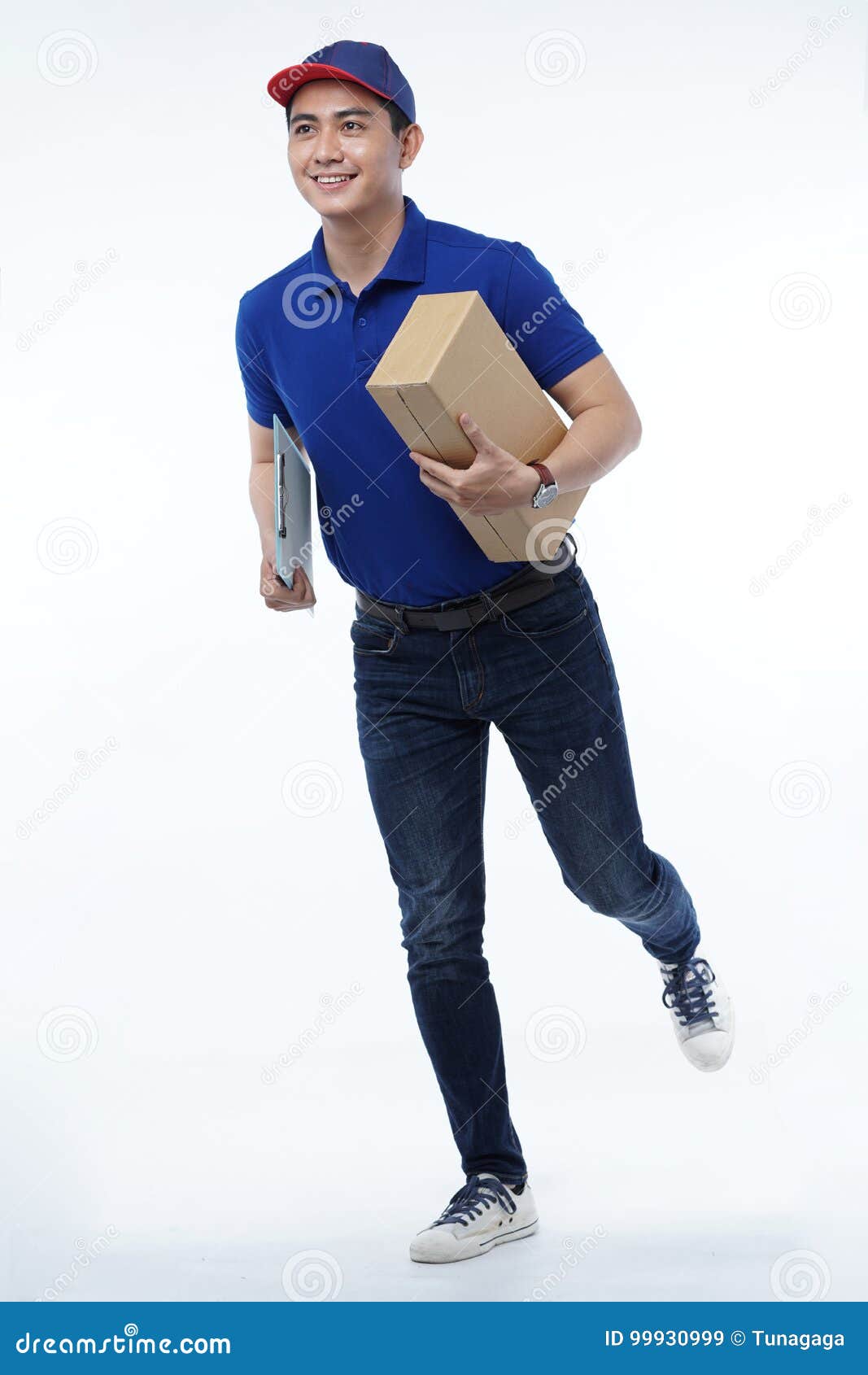 Delivery Man in Blue Uniform with Packages Isolated on White Stock