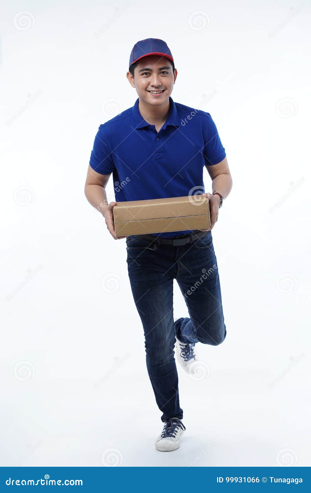 Delivery Man in Blue Uniform with Packages Isolated on White Stock