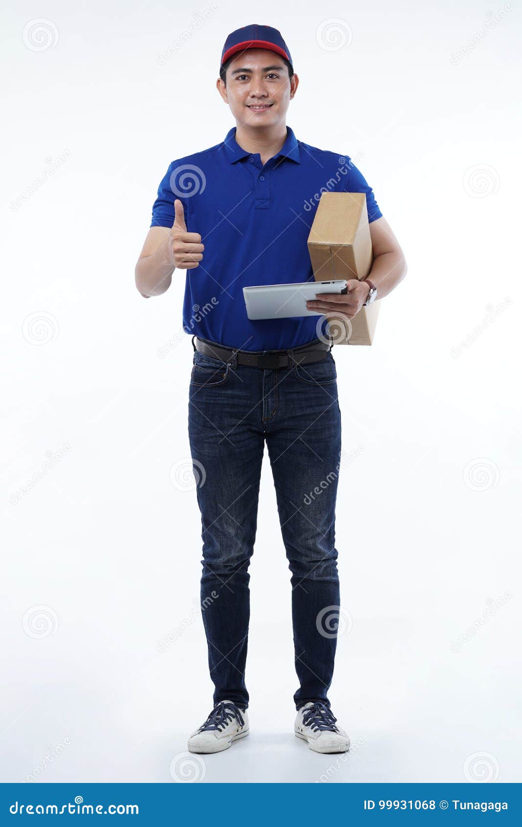 Delivery Man in Blue Uniform with Packages Isolated on White Stock