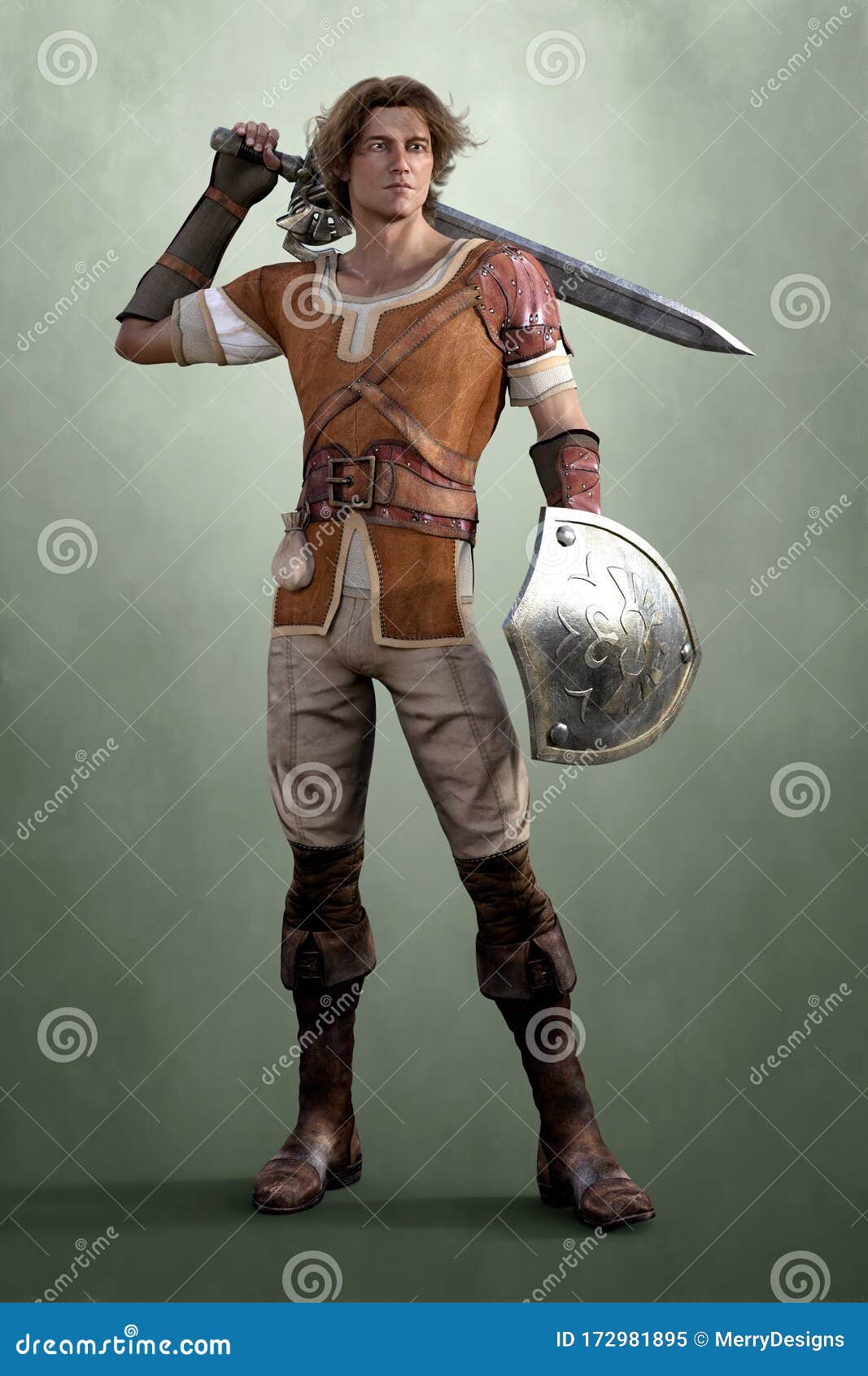 handsome man in historical medieval costume holding a sword and shield