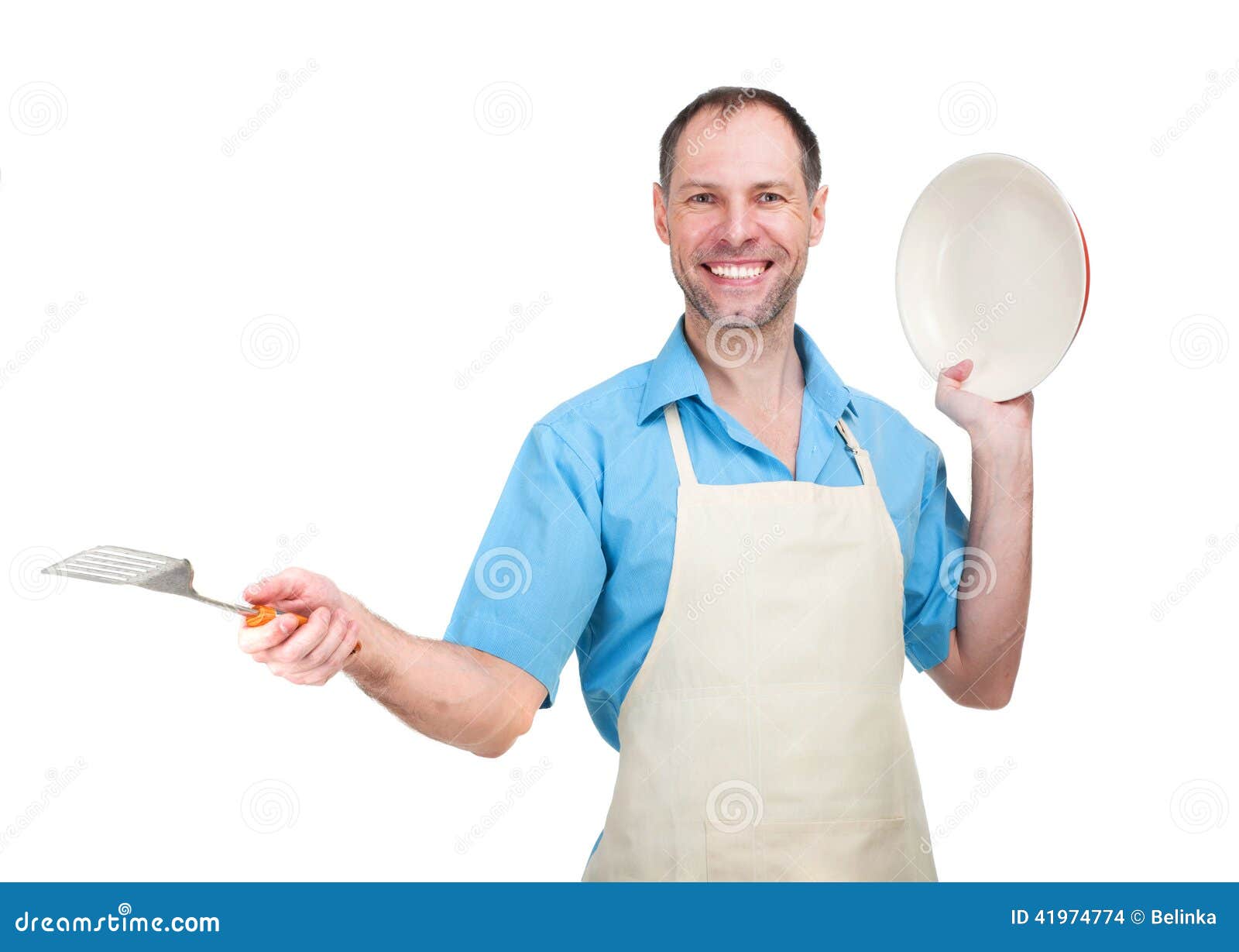 Handsome Man Holding a Dish and a Blade Stock Photo Image of helper