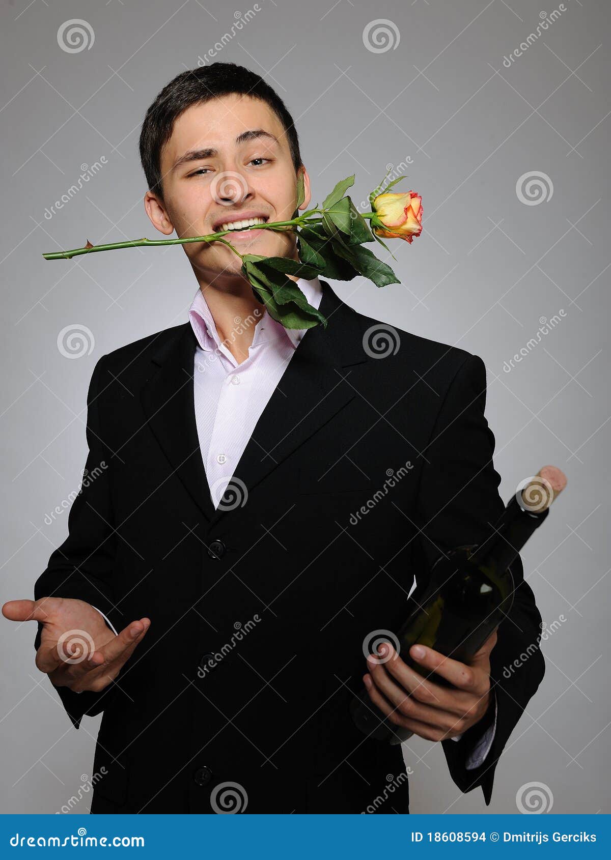Handsome Man Holding Rose Flower and Vine Bottle Stock Photo Image of