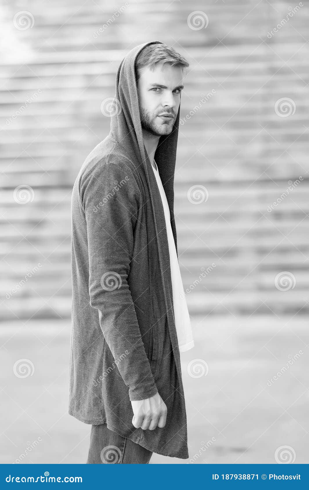 Handsome Man with Hood Standing Urban Background. Fashion Trend ...