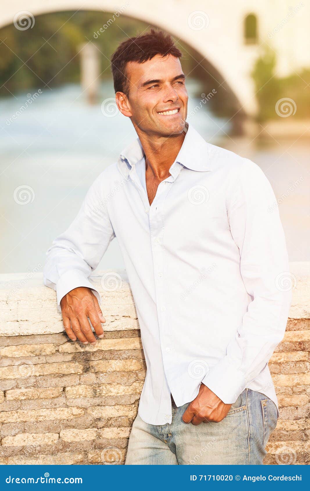 Handsome Man Italian Outdoors In Rome Italy. Tiber River 