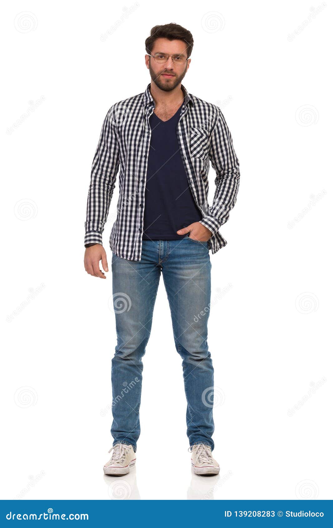 Young Man in Sneakers, Jeans, Lumberjack Shirt and Glasses is Standing with  Hand in Pocket Stock Image - Image of positivity, beard: 139208283
