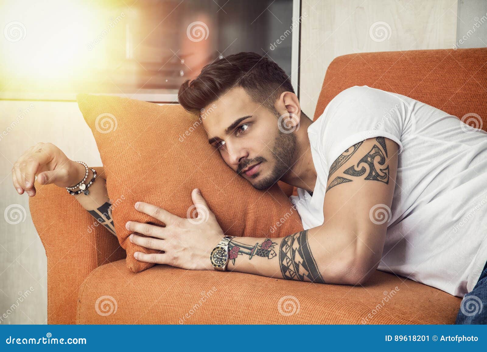 Handsome Man Laying on Couch Stock Image Image of career, cute 89618201
