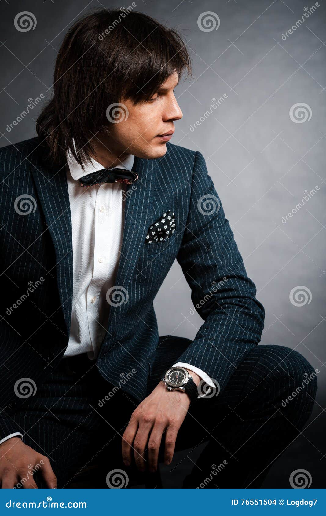 Handsome Man With Long Hair Brunette And Brown Eyes In Dark