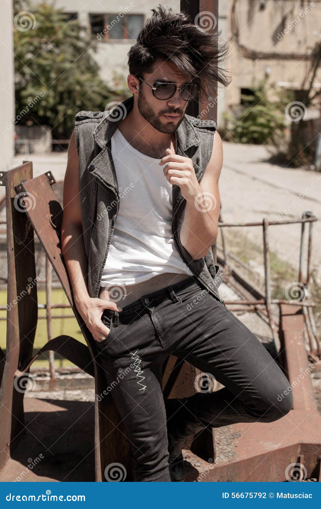 Handsome Man Model Dressed Punk, Hipster Posing Dramatic in Grun Stock ...