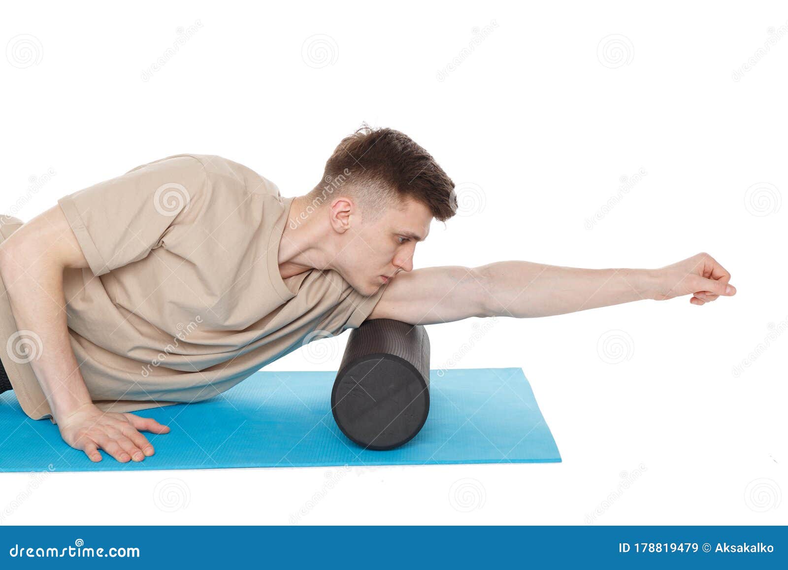 Handsome Man Shows Exercises Using a Foam Roller Stock Image Image of