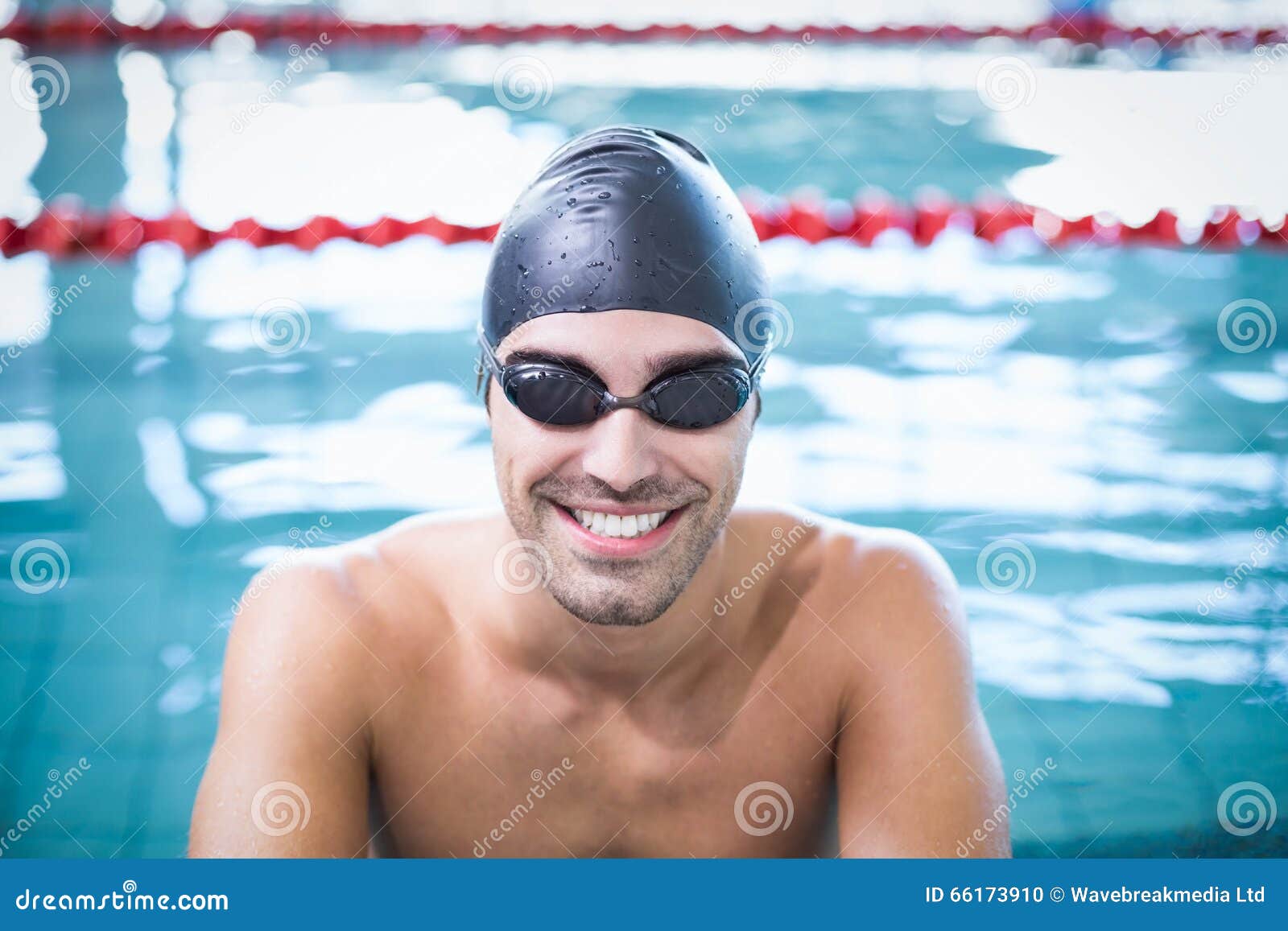 Handsome Man Wearing Swim Cap and Goggles Stock Photo Image of leisure, athlete 66173910