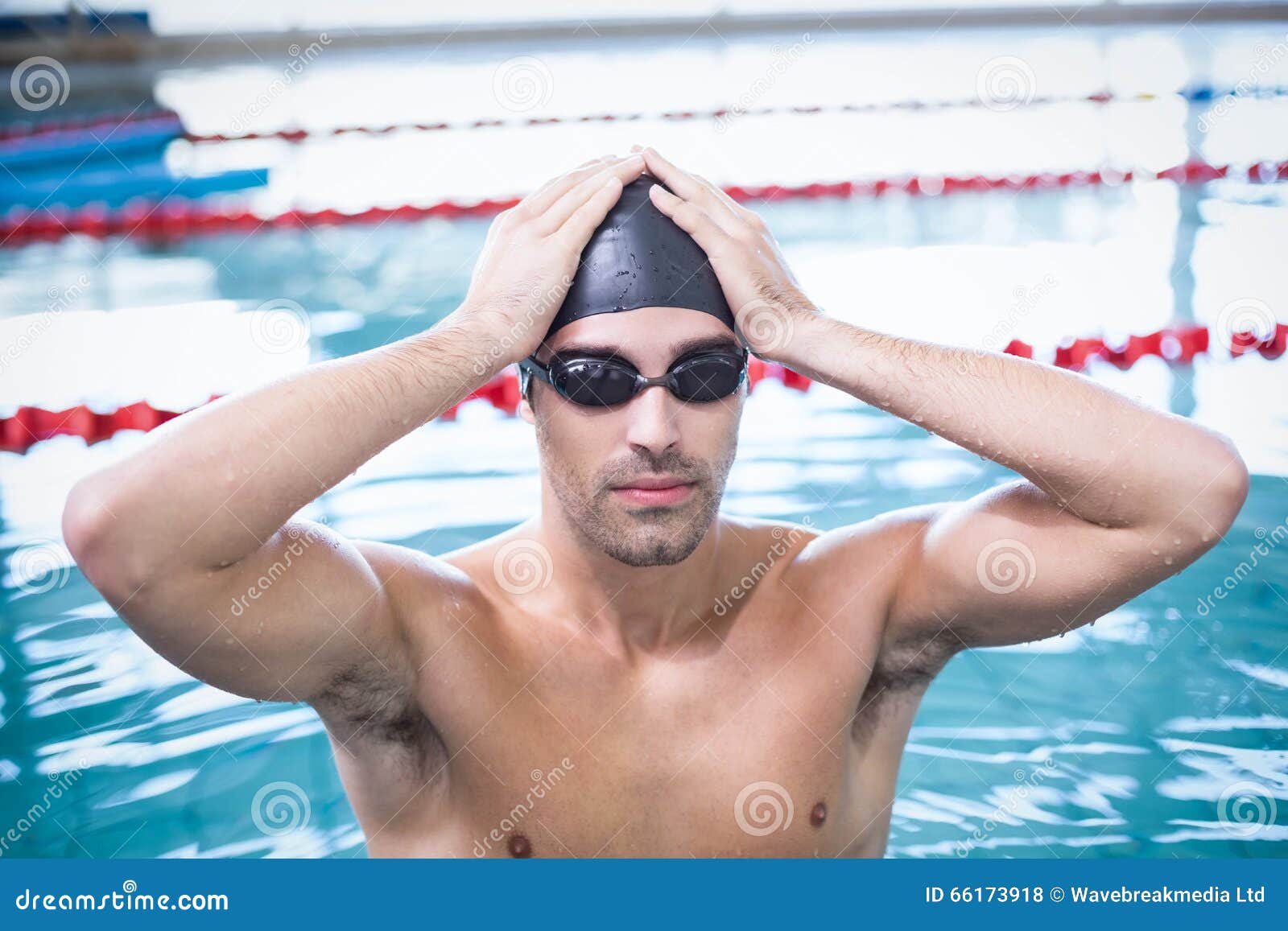 Handsome Man Wearing Swim Cap and Goggles Stock Photo Image of