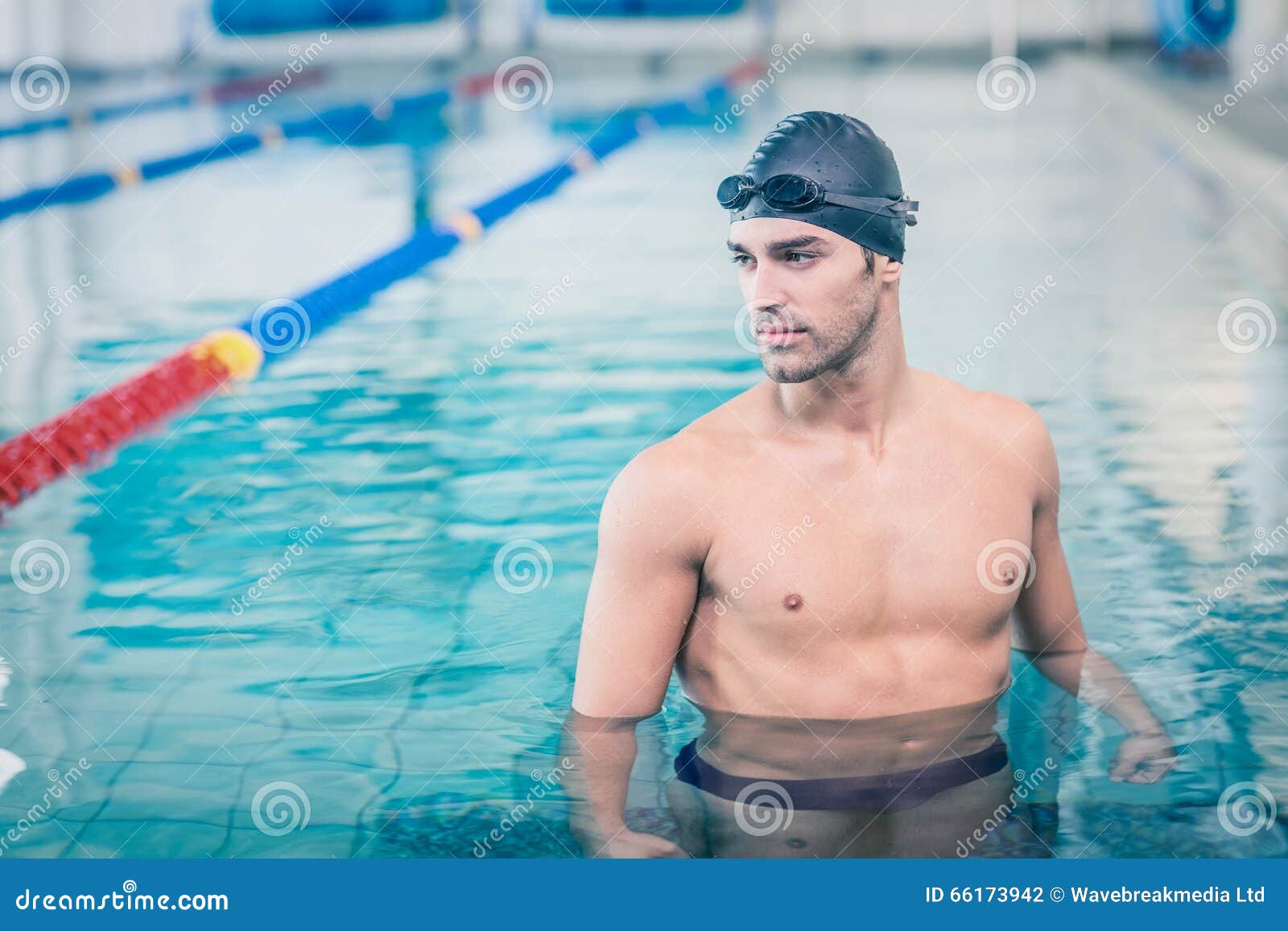 Handsome Man Wearing Swim Cap and Goggles Stock Photo Image of