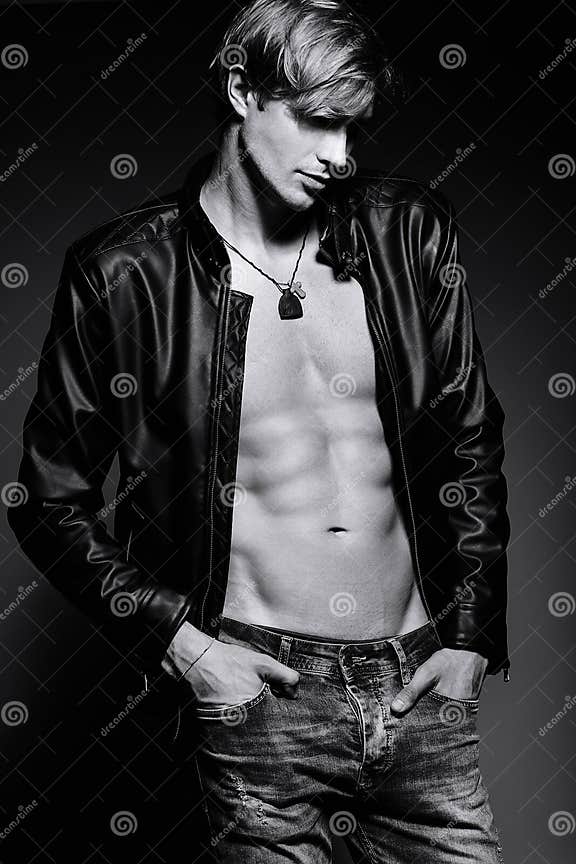 Handsome Muscled Fit Male Model Man in Leather Jacket Stock Photo ...
