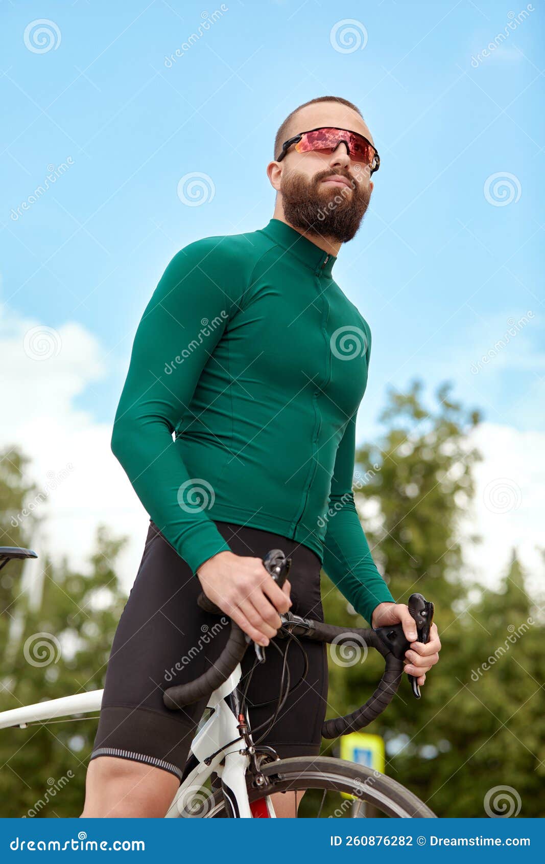 Handsome Muscular Cyclist Standing with Bike Stock Photo - Image of ...