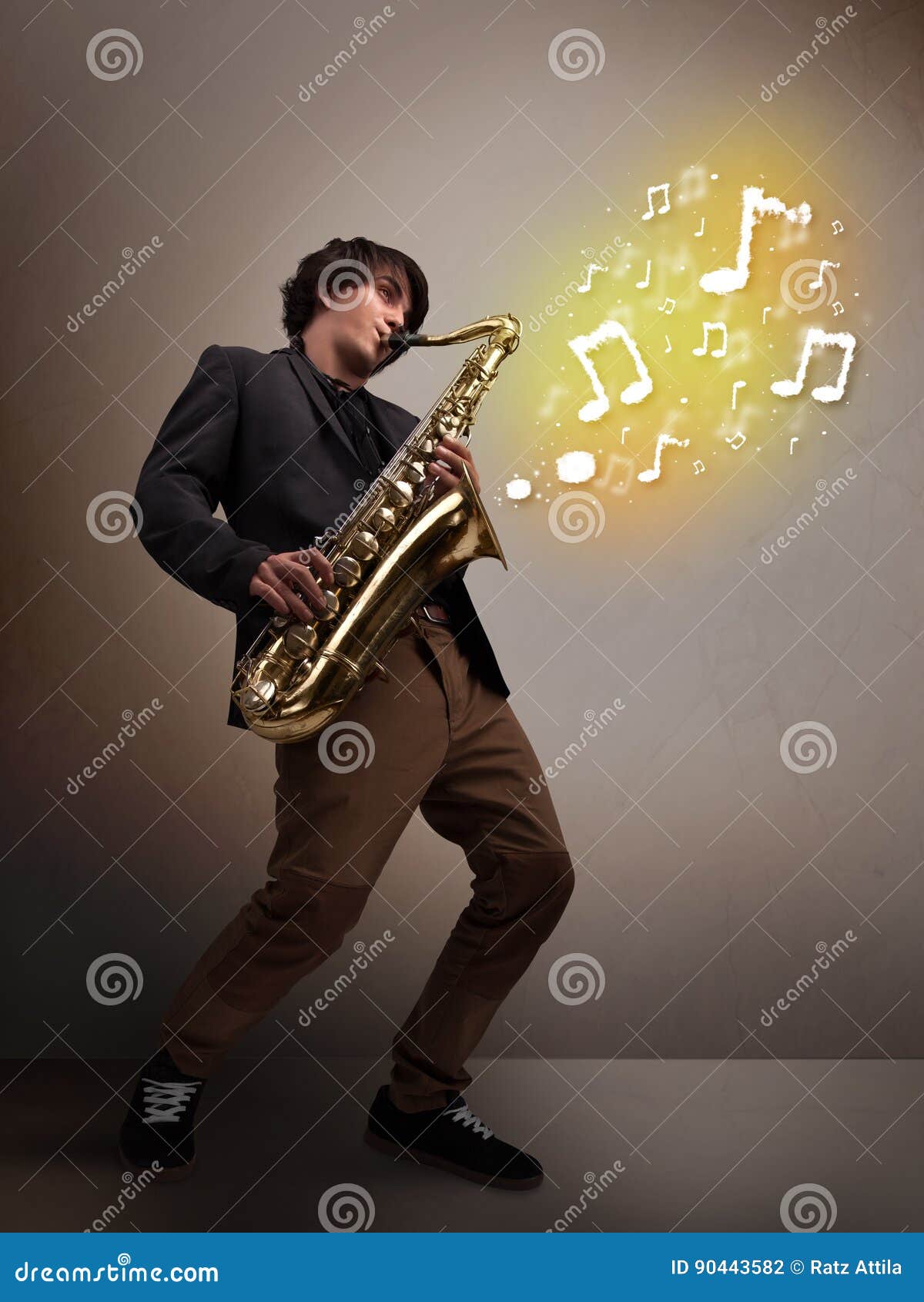 Handsome Musician Playing on Saxophone with Musical Notes Stock Photo