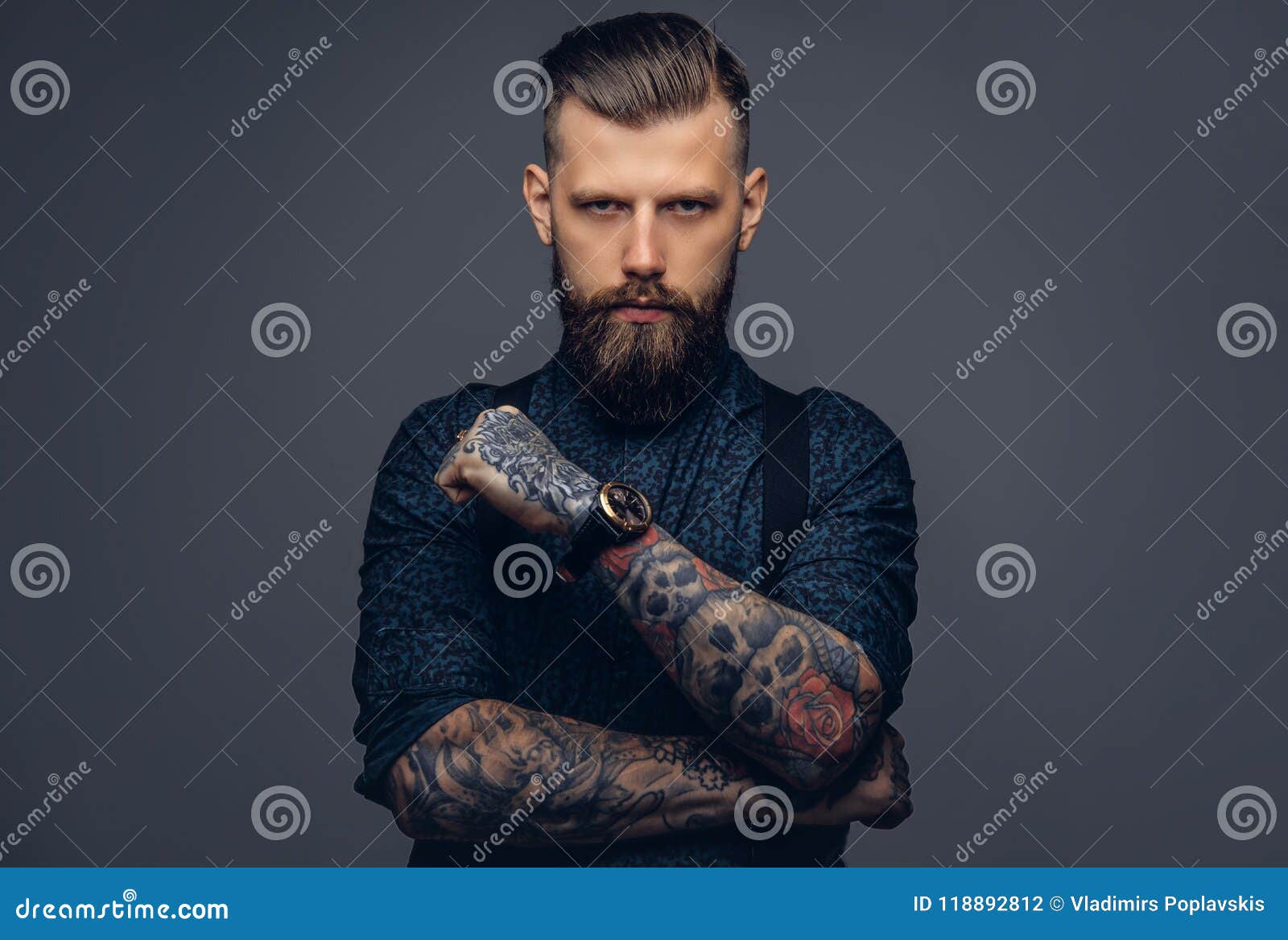 Handsome Old-fashioned Hipster in Shirt and Suspenders, Pose with ...