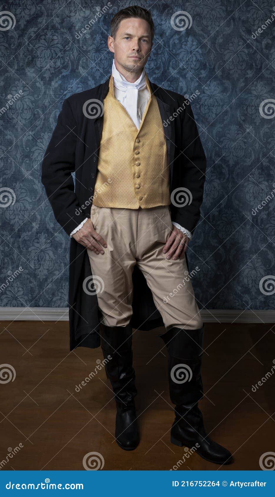 A Handsome Regency Gentleman Wearing a Gold Waistcoat, Breeches, and a ...