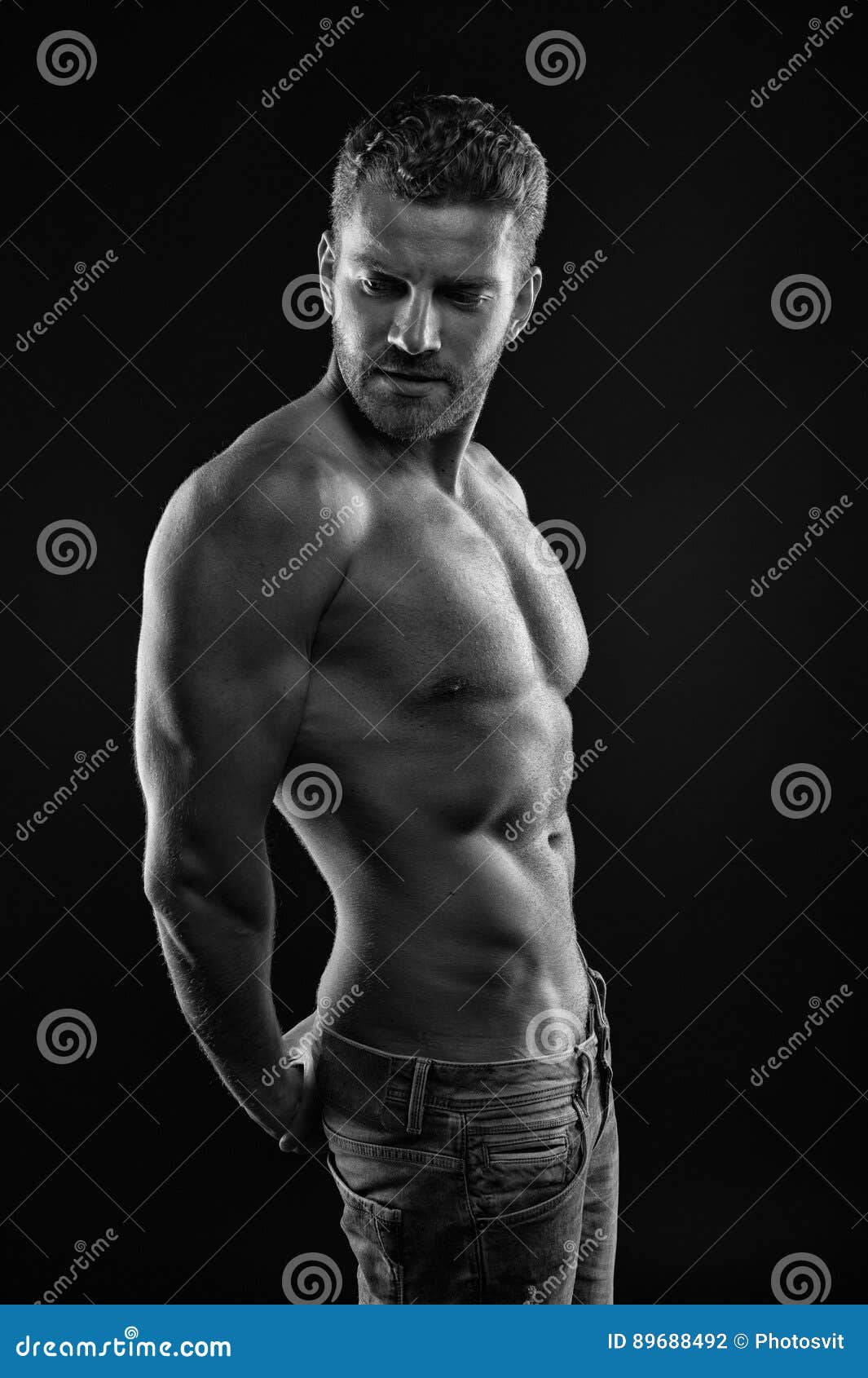 Handsome Man with Muscular Body and Serious Unshaven Face Stock Photo ...
