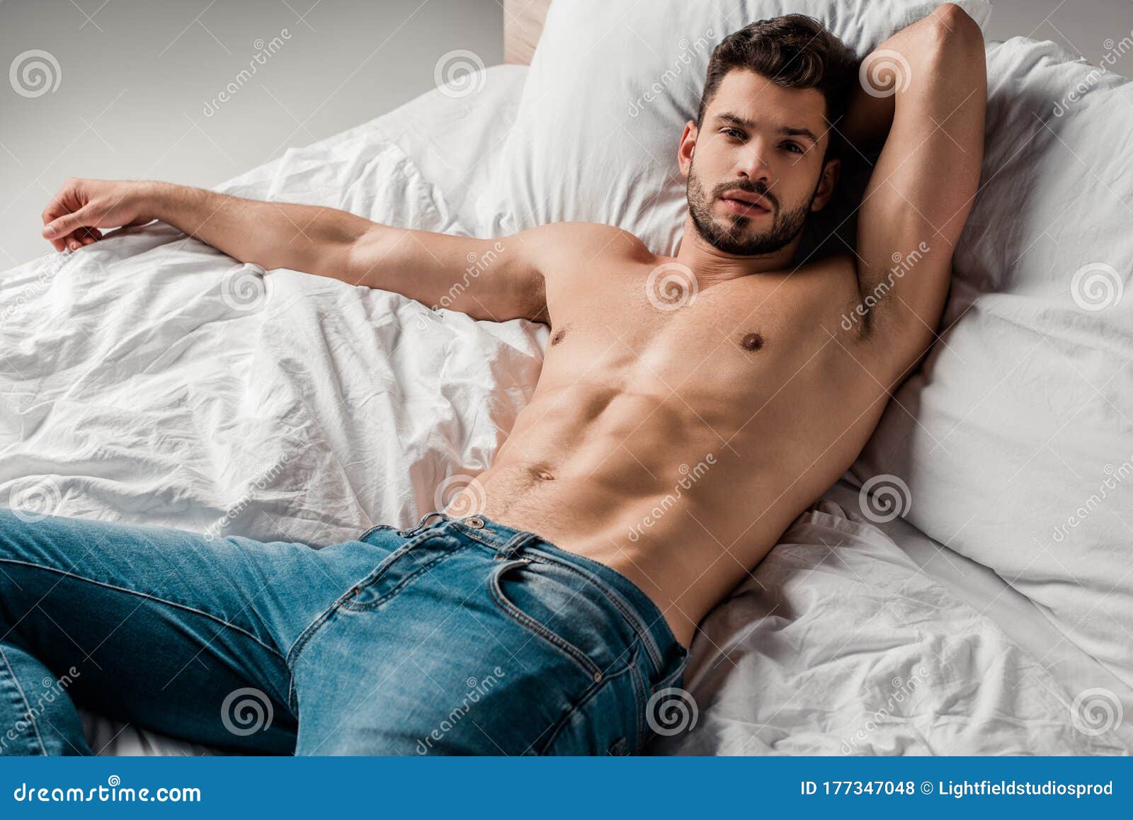 Shirtless Man In Jeans Lying Stock Photo Image Of Lying Caucasian