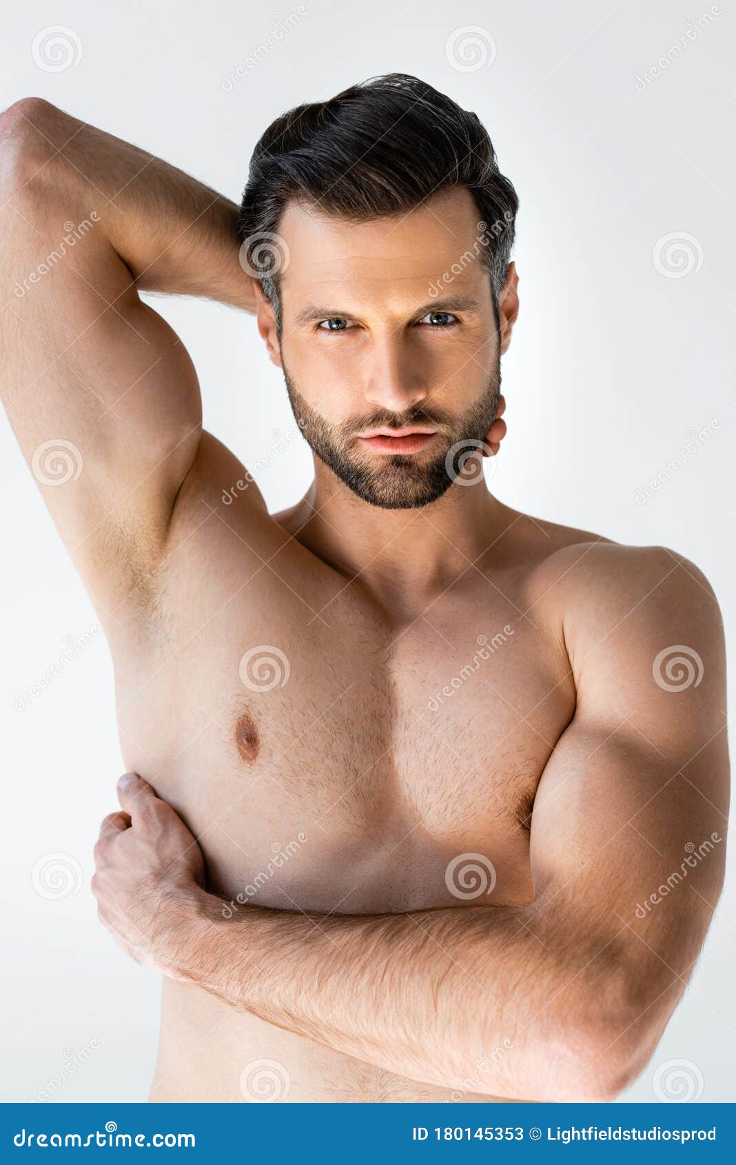 Shirtless Tattooed Man Standing Arms Crossed Stock Photos 