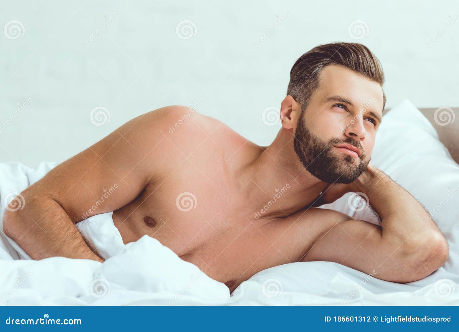 Handsome Shirtless Man Lying In Bed Stock Photo Image Of Caucasian Home