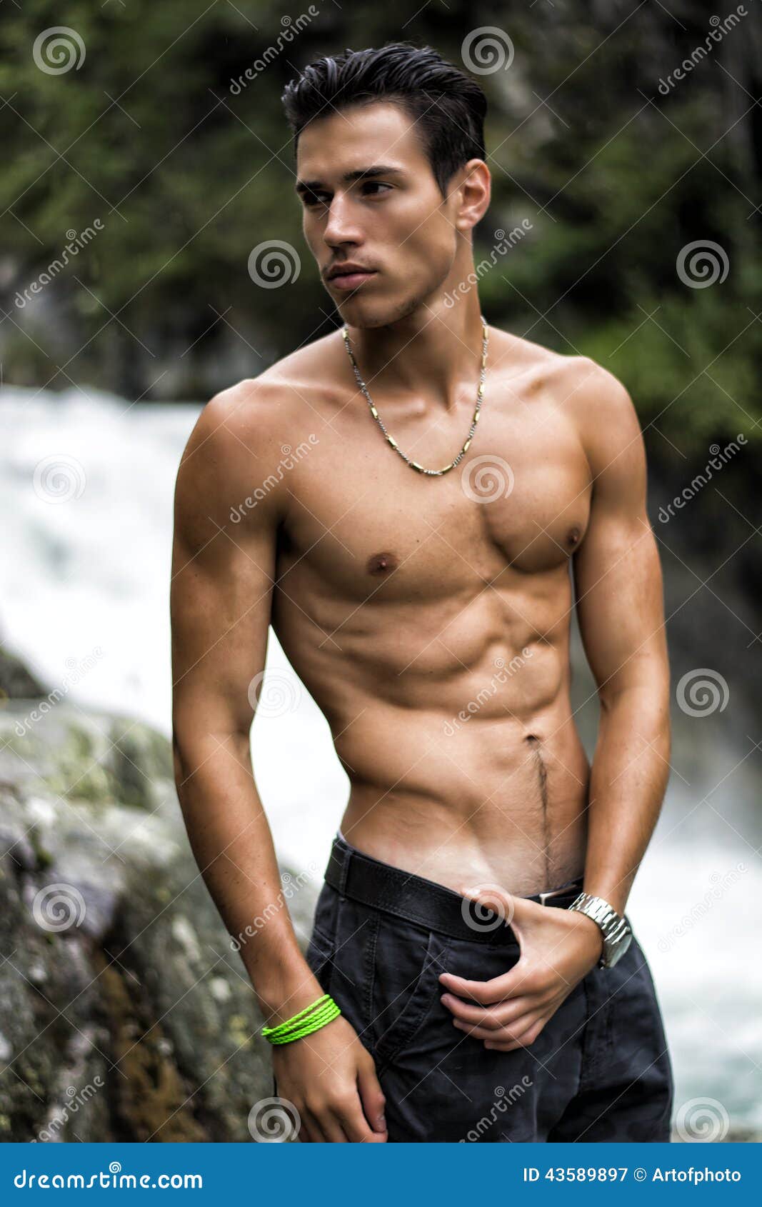 Handsome Shirtless Young Man Near Mountain Waterfa Stock Image - Image
