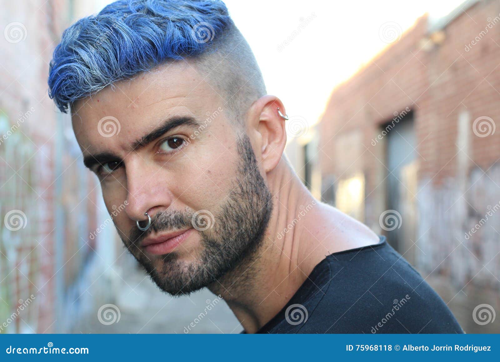 Handsome Stylish Young Man with Artificially Colored Blue Dyed Hair Undercut Hairstyle, Beard and Piercings with Copy Space Stock Photo - Image of fashionable, hispanic: 75968118 Handsome Stylish Young Man with Artificially Colored Blue Dyed Hair Undercut Hairstyle, Beard and Piercings with Copy Space Stock Photo - Image of fashionable, hispanic: 75968118