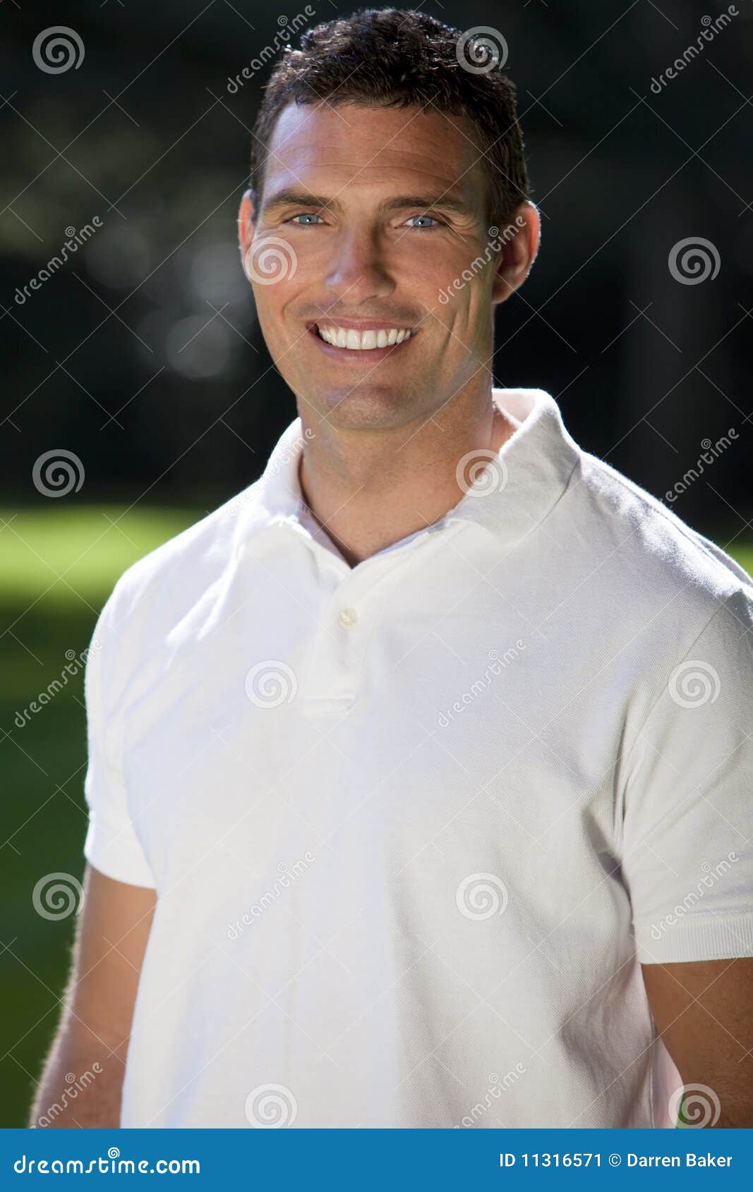 handsome thirties man in white polo shirt
