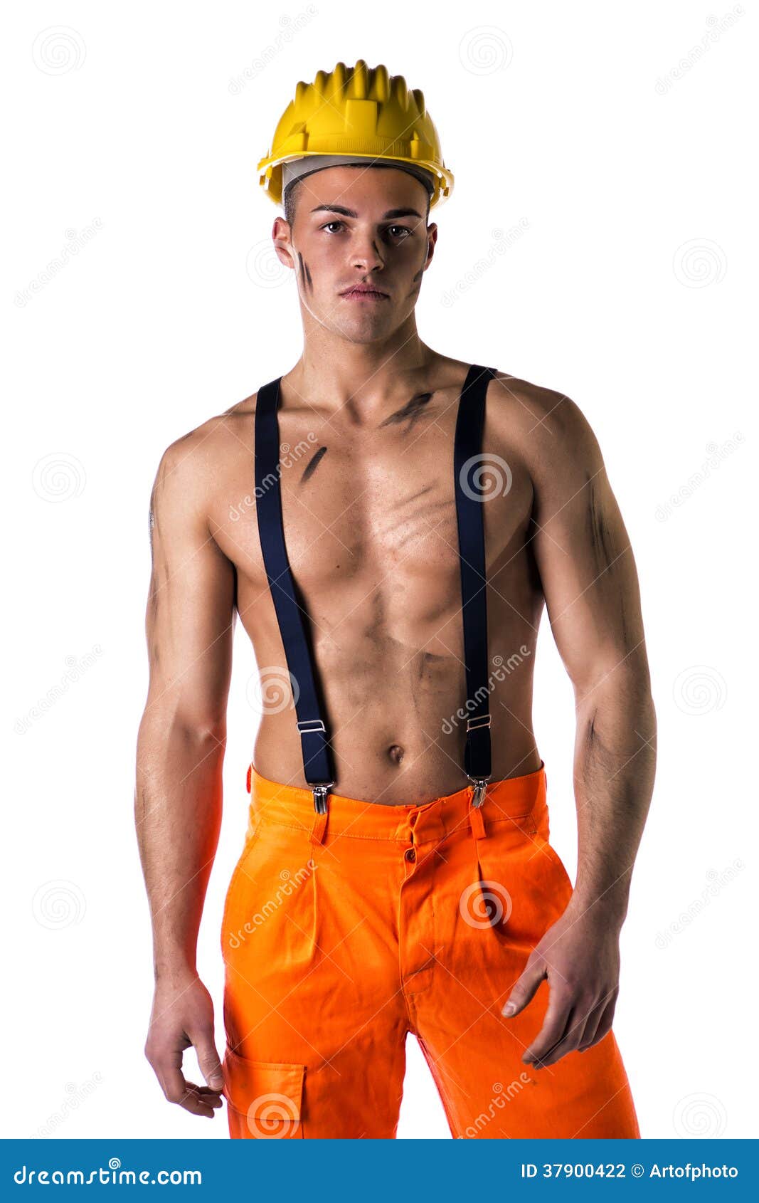 Handsome Young Construction Worker with Naked Torso Stock Photo - Image of orange, standing
