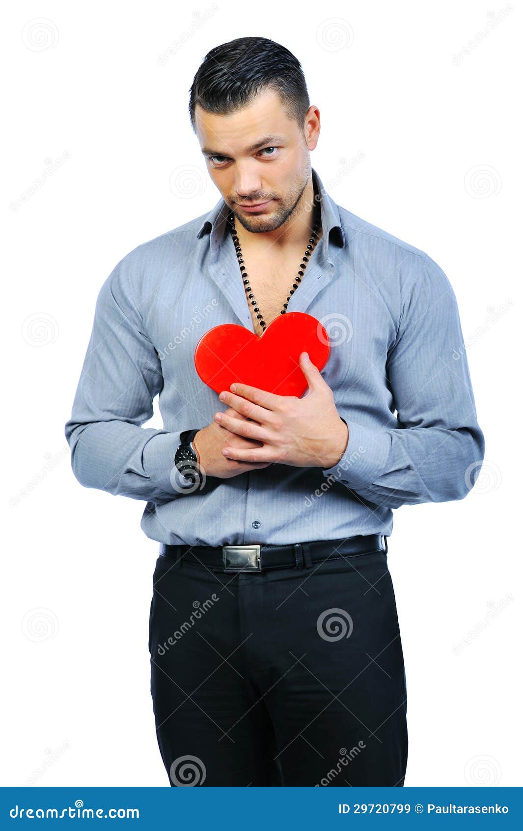 Handsome Macho Man Holding Love Heart Portrait - Isolated Stock Image